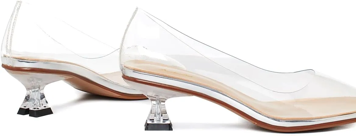 Women Clear Low Kitten Heels Pumps Shoes Round Closed Toe Slip On Transparent Sandals Open Peep Toe Chunky Block PVC Heels Crystal Pumps Office Wedding Party Dressy Summer Chic 4-11 M US