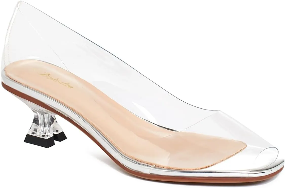 Women Clear Low Kitten Heels Pumps Shoes Round Closed Toe Slip On Transparent Sandals Open Peep Toe Chunky Block PVC Heels Crystal Pumps Office Wedding Party Dressy Summer Chic 4-11 M US