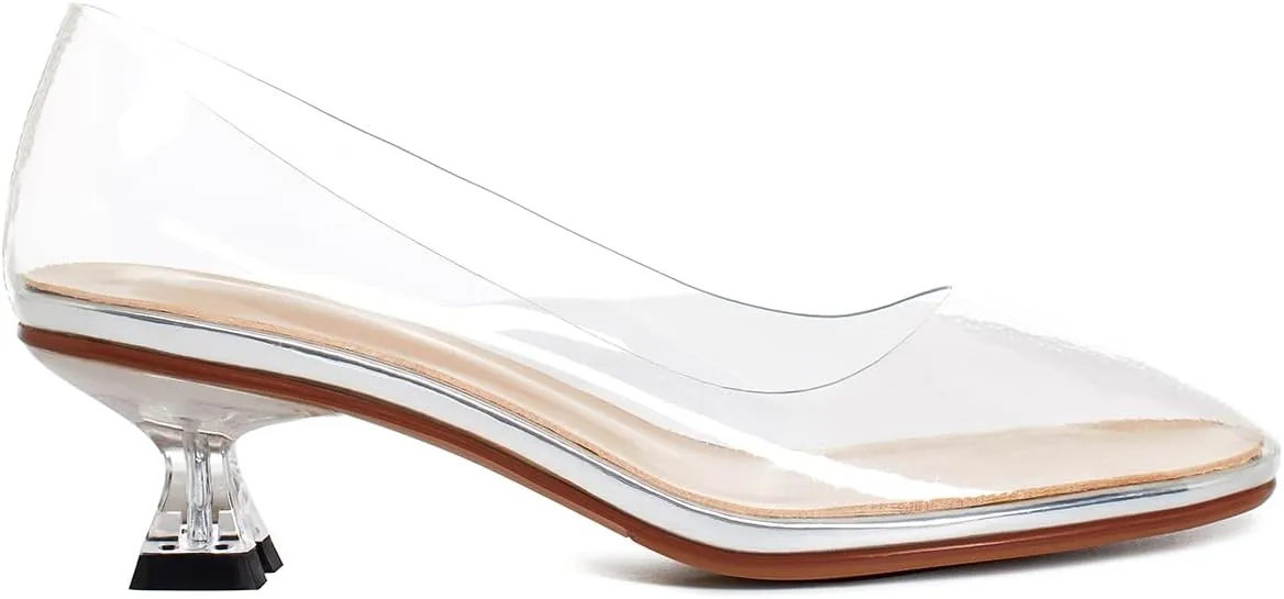 Women Clear Low Kitten Heels Pumps Shoes Round Closed Toe Slip On Transparent Sandals Open Peep Toe Chunky Block PVC Heels Crystal Pumps Office Wedding Party Dressy Summer Chic 4-11 M US