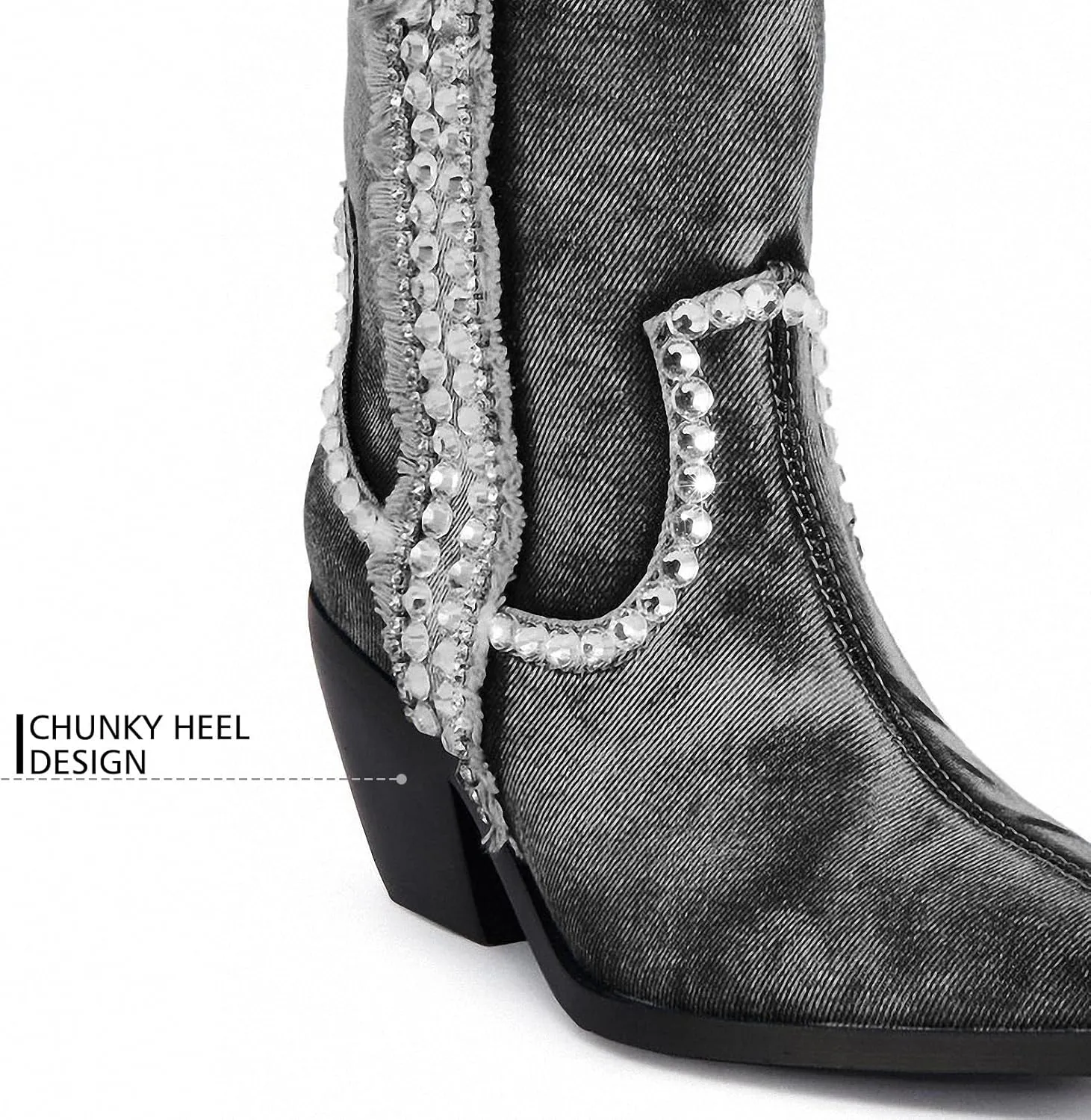 Women Denim Rhinestones Cowboy Mid Calf Boots Almond Pointed Chunky Block Heel Sparkly wide calf Western Boots