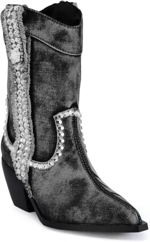 Women Denim Rhinestones Cowboy Mid Calf Boots Almond Pointed Chunky Block Heel Sparkly wide calf Western Boots