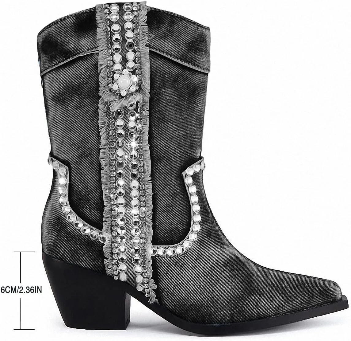 Women Denim Rhinestones Cowboy Mid Calf Boots Almond Pointed Chunky Block Heel Sparkly wide calf Western Boots