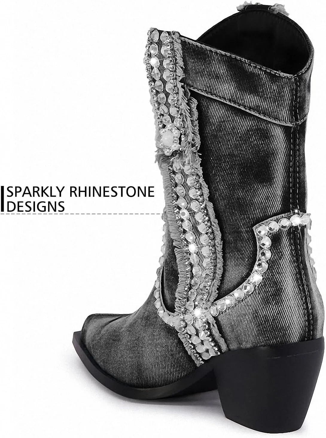 Women Denim Rhinestones Cowboy Mid Calf Boots Almond Pointed Chunky Block Heel Sparkly wide calf Western Boots