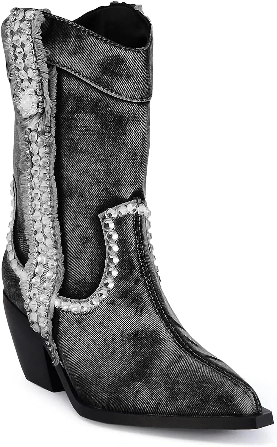 Women Denim Rhinestones Cowboy Mid Calf Boots Almond Pointed Chunky Block Heel Sparkly wide calf Western Boots