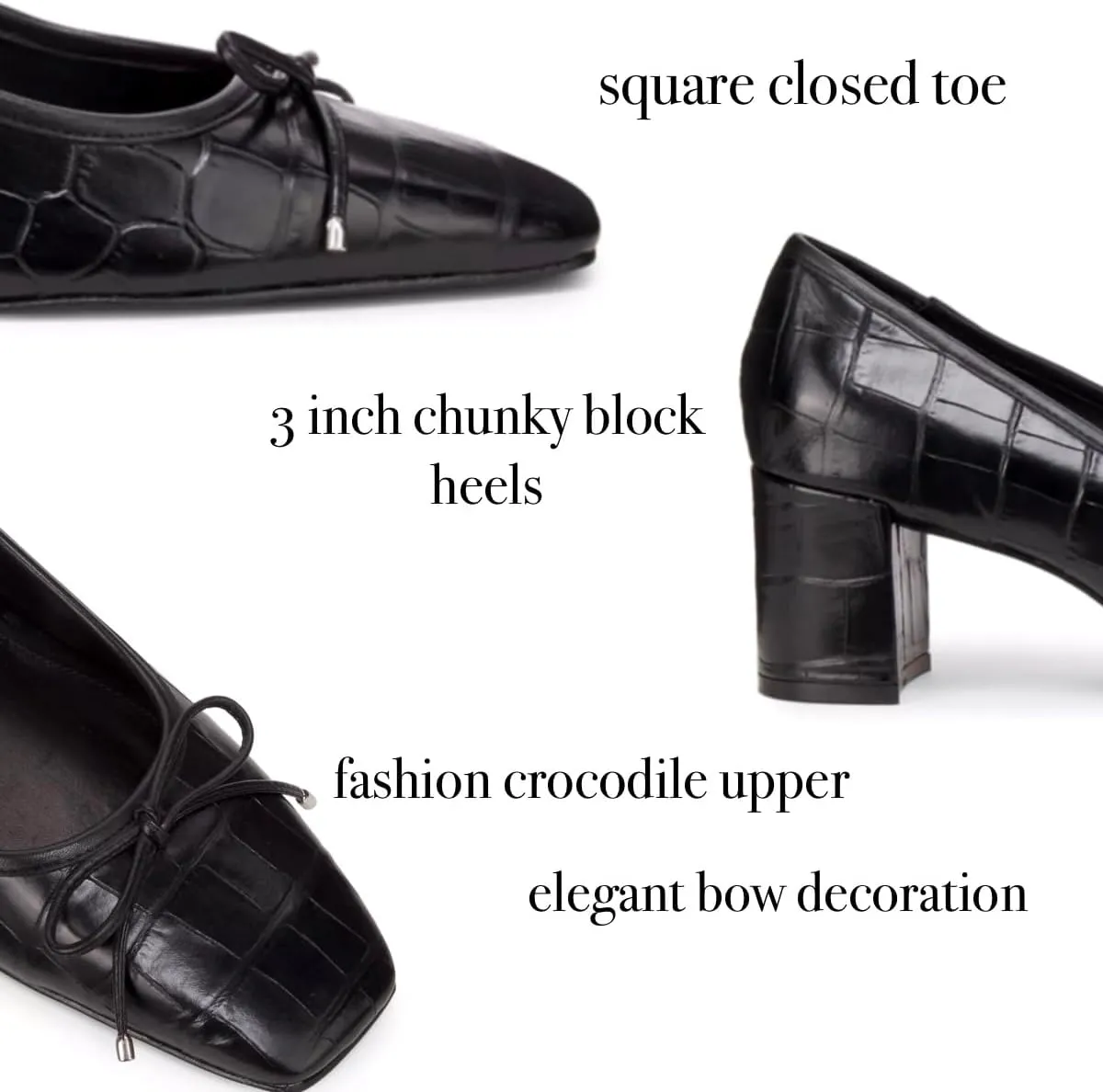 Women Fashion Chunky High Heel Pumps Square Toe Bow Dress Pumps Crocodile Closed Toe Heeled Sandals 3 Inch Block Heels Slip On Dress Shoes Sexy Comfy Office Ladies Party 4-11 M US