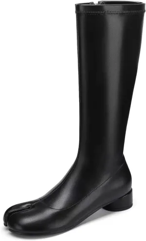 Women Fashion Knee High Stretched Leather Boots Split Toe Round Block Heels Tabi Shoes Side Zipper Black Mid Calf Boots