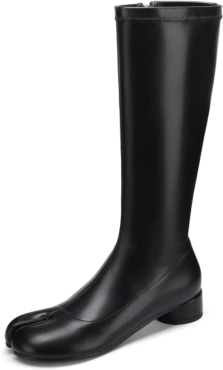 Women Fashion Knee High Stretched Leather Boots Split Toe Round Block Heels Tabi Shoes Side Zipper Black Mid Calf Boots