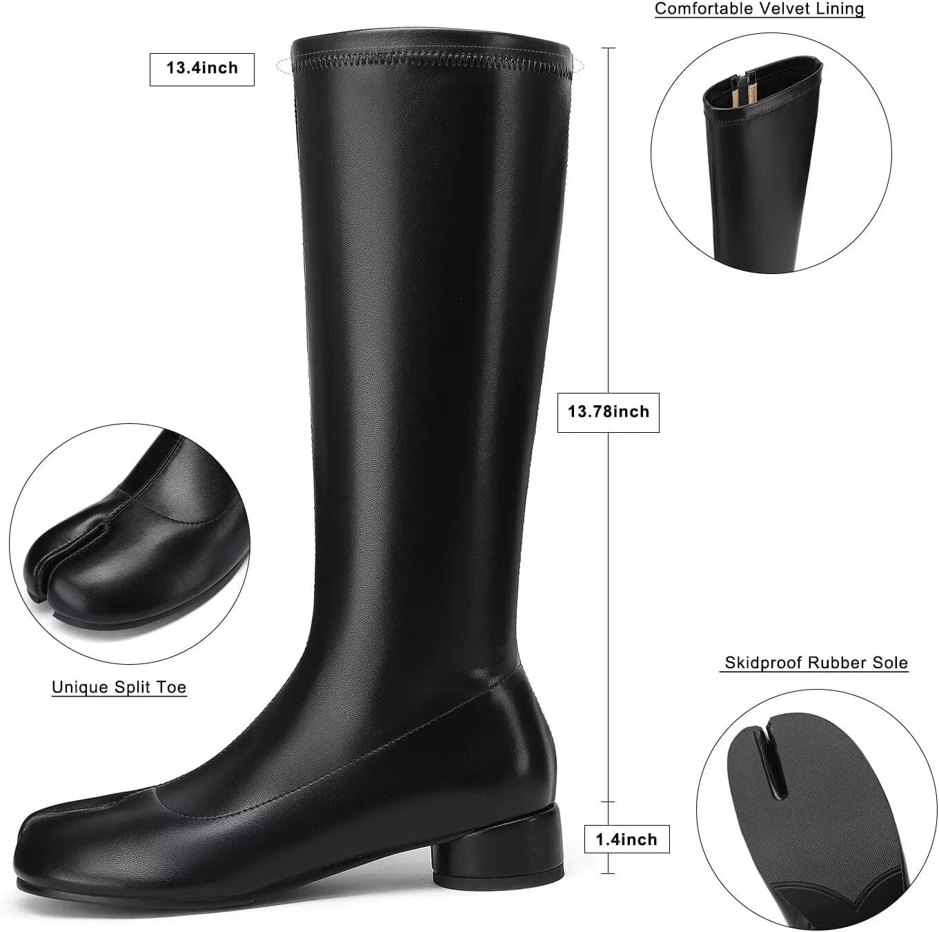 Women Fashion Knee High Stretched Leather Boots Split Toe Round Block Heels Tabi Shoes Side Zipper Black Mid Calf Boots