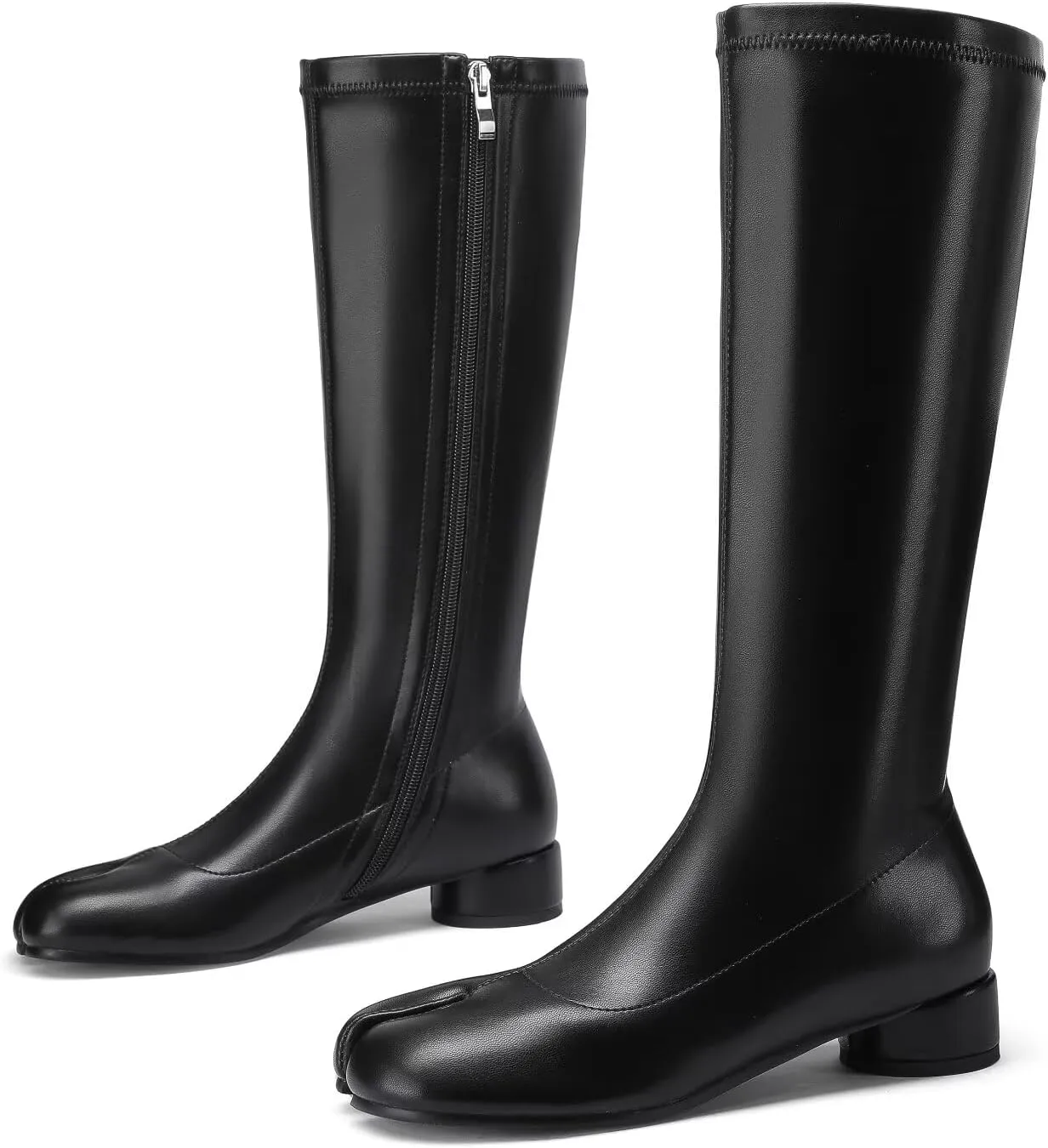 Women Fashion Knee High Stretched Leather Boots Split Toe Round Block Heels Tabi Shoes Side Zipper Black Mid Calf Boots
