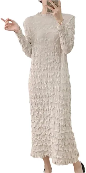 Women Folded Medium and Long Dress Waist Pendulum Lantern Sleeve Dresses