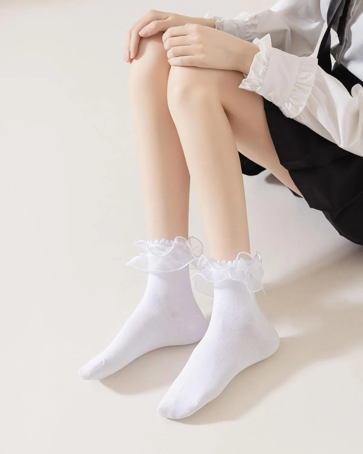 Women Lace Socks Ruffle Frilly Socks - Comfortable Cotton Cute Princess Lolita socks with Bow