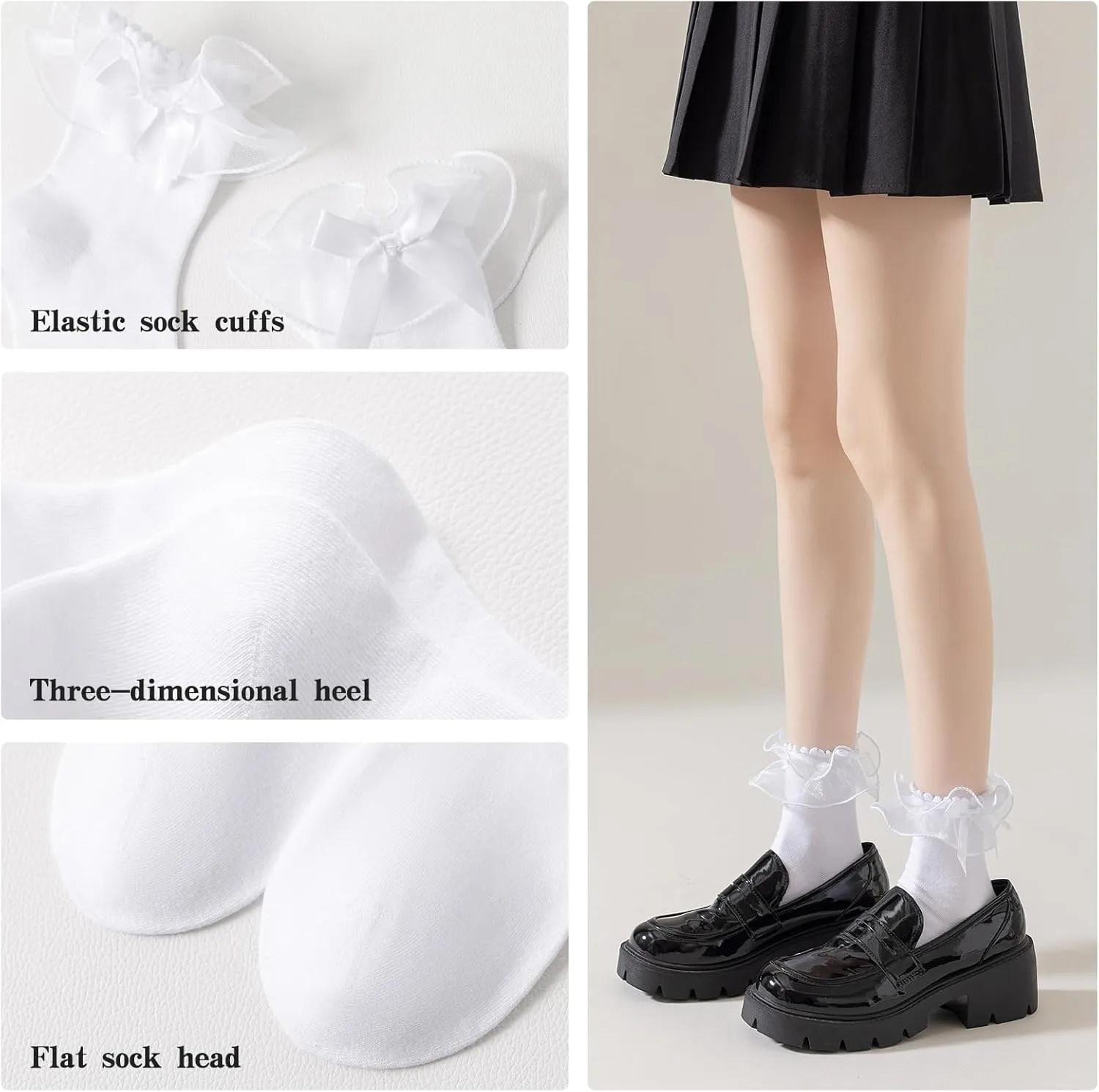 Women Lace Socks Ruffle Frilly Socks - Comfortable Cotton Cute Princess Lolita socks with Bow