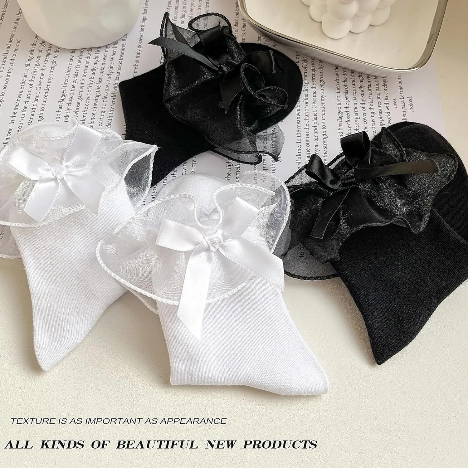 Women Lace Socks Ruffle Frilly Socks - Comfortable Cotton Cute Princess Lolita socks with Bow