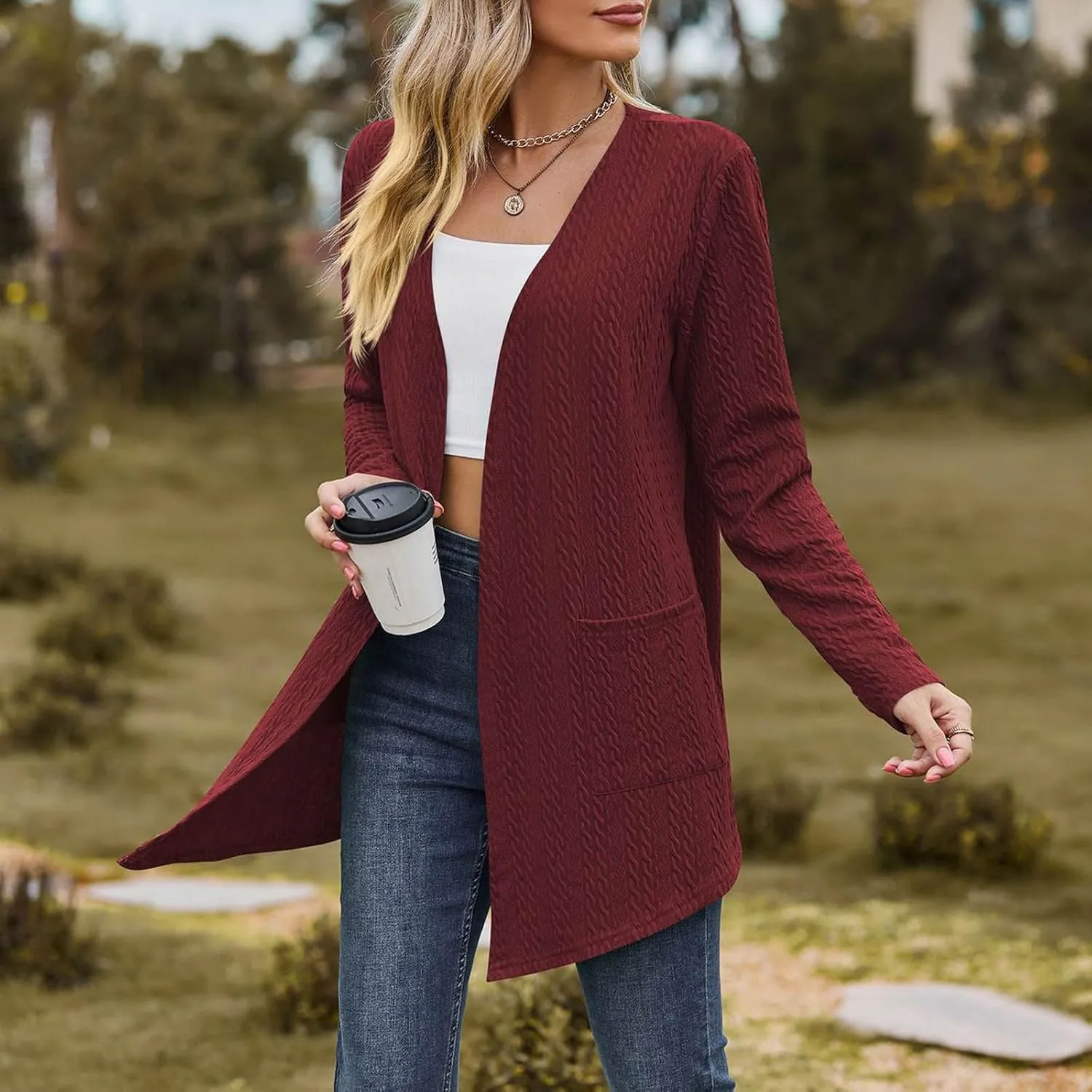 Women Loose Fit Cardigans Long Sleeve Open Front Cardigan Lightweight Casual Trendy Coat with Pockets