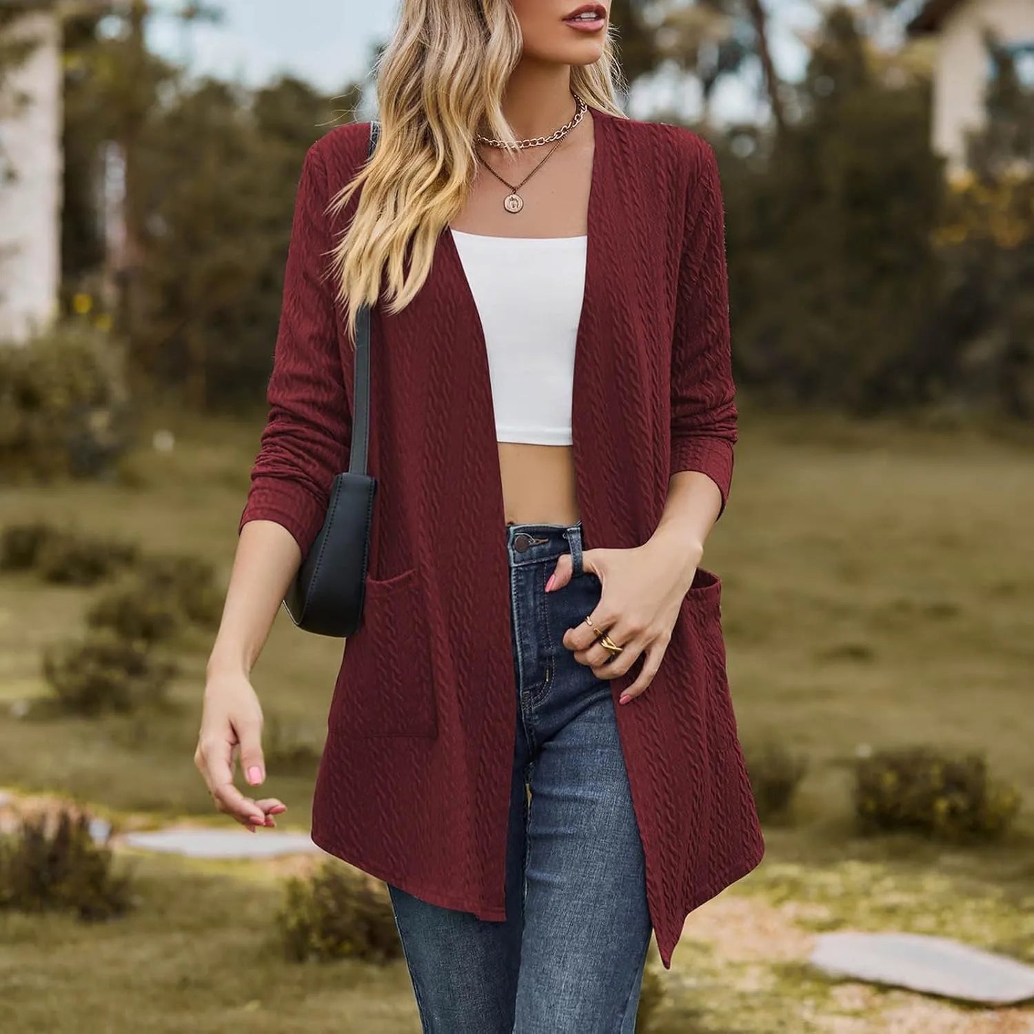 Women Loose Fit Cardigans Long Sleeve Open Front Cardigan Lightweight Casual Trendy Coat with Pockets