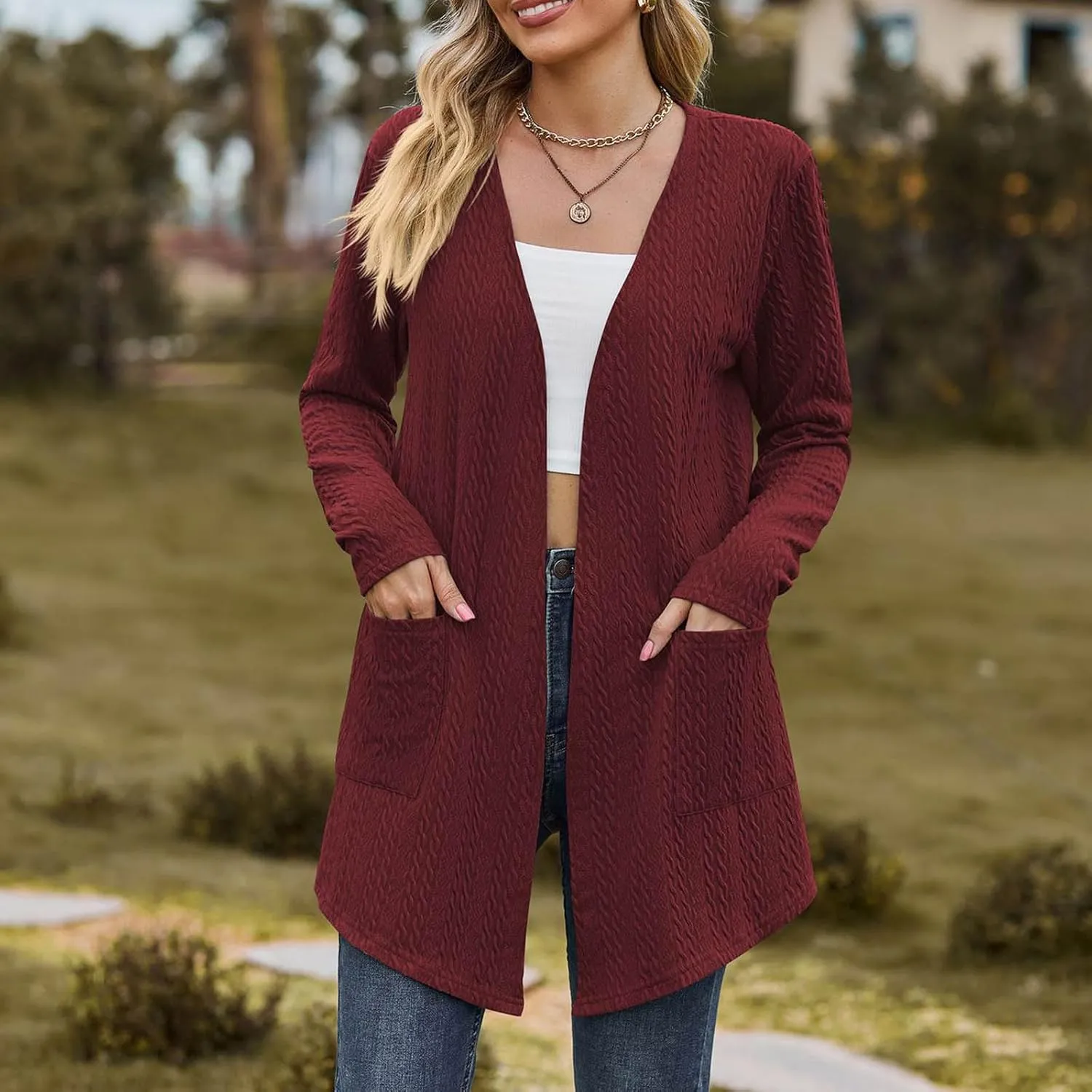Women Loose Fit Cardigans Long Sleeve Open Front Cardigan Lightweight Casual Trendy Coat with Pockets