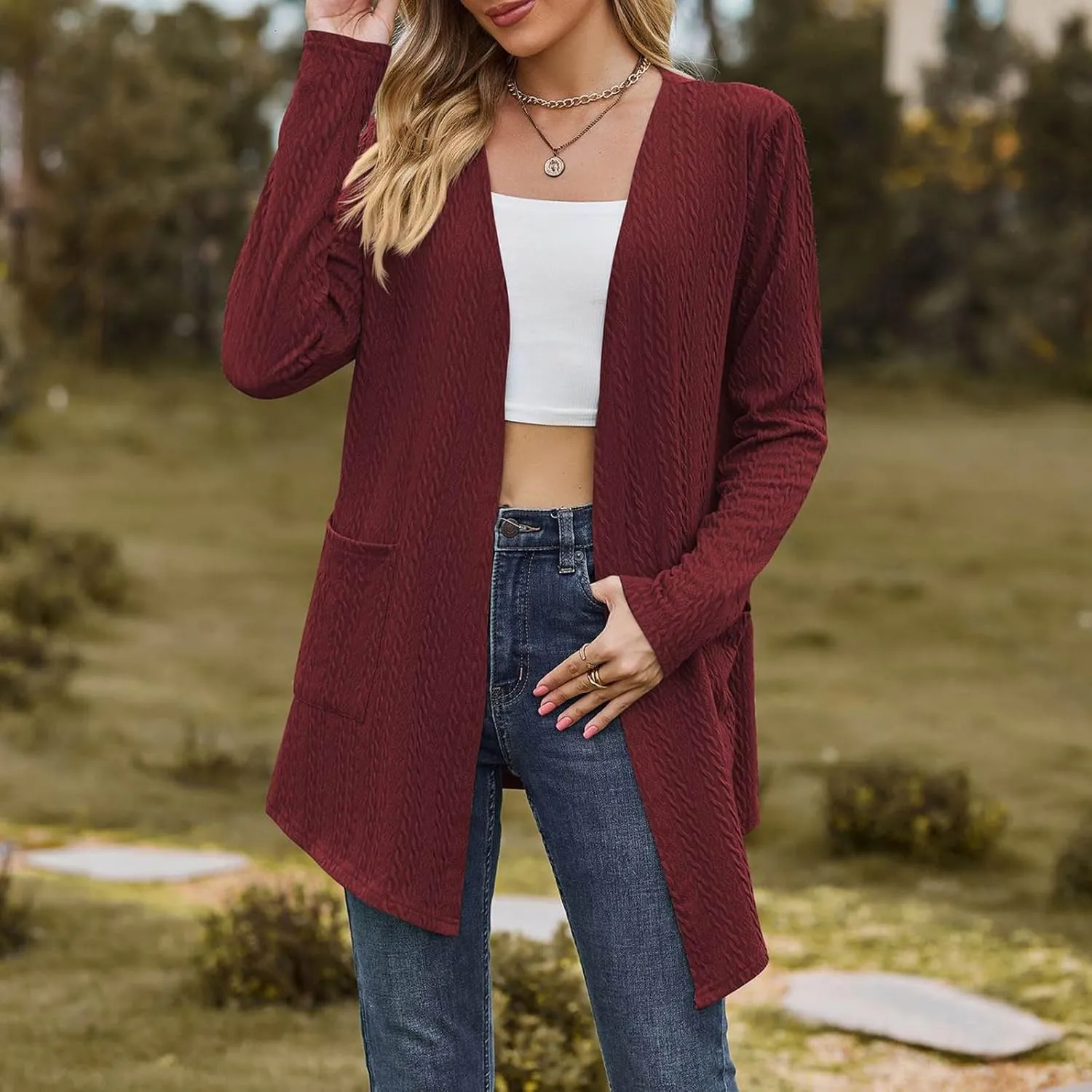Women Loose Fit Cardigans Long Sleeve Open Front Cardigan Lightweight Casual Trendy Coat with Pockets