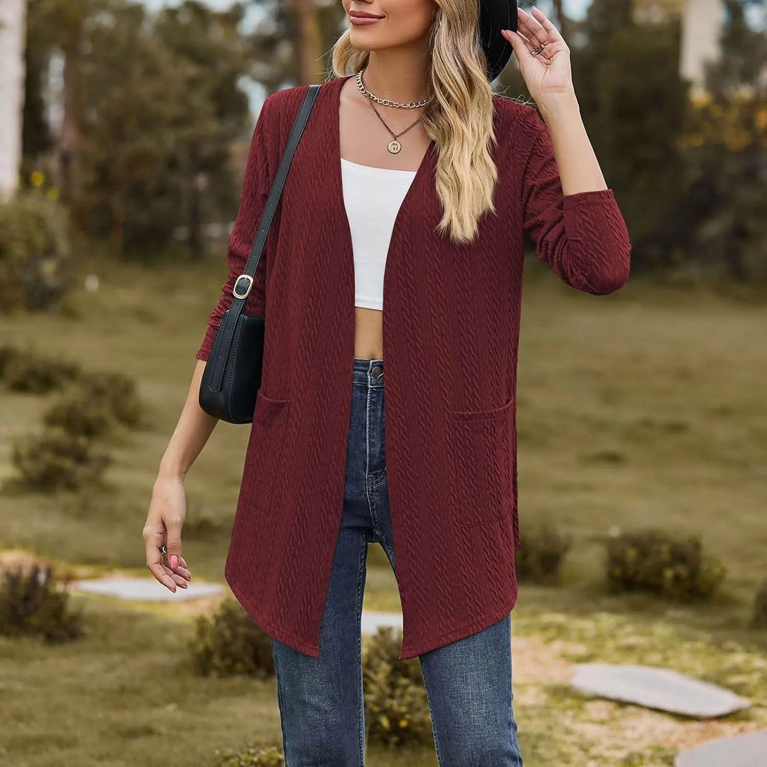 Women Loose Fit Cardigans Long Sleeve Open Front Cardigan Lightweight Casual Trendy Coat with Pockets