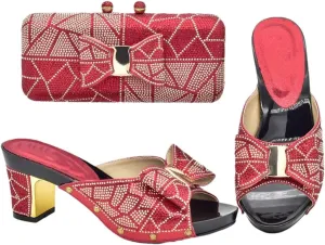 Women Luxe Rhinestone Slingback Pumps with Matching Bag Square Heel Slip-On Super High Heel