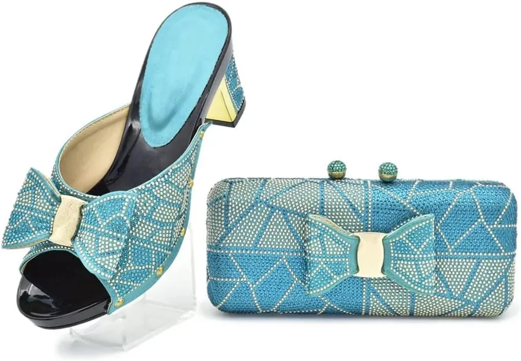 Women Luxe Rhinestone Slingback Pumps with Matching Bag Square Heel Slip-On Super High Heel