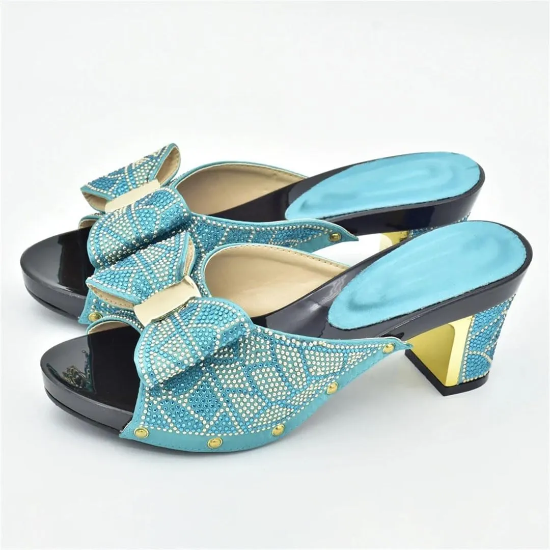Women Luxe Rhinestone Slingback Pumps with Matching Bag Square Heel Slip-On Super High Heel