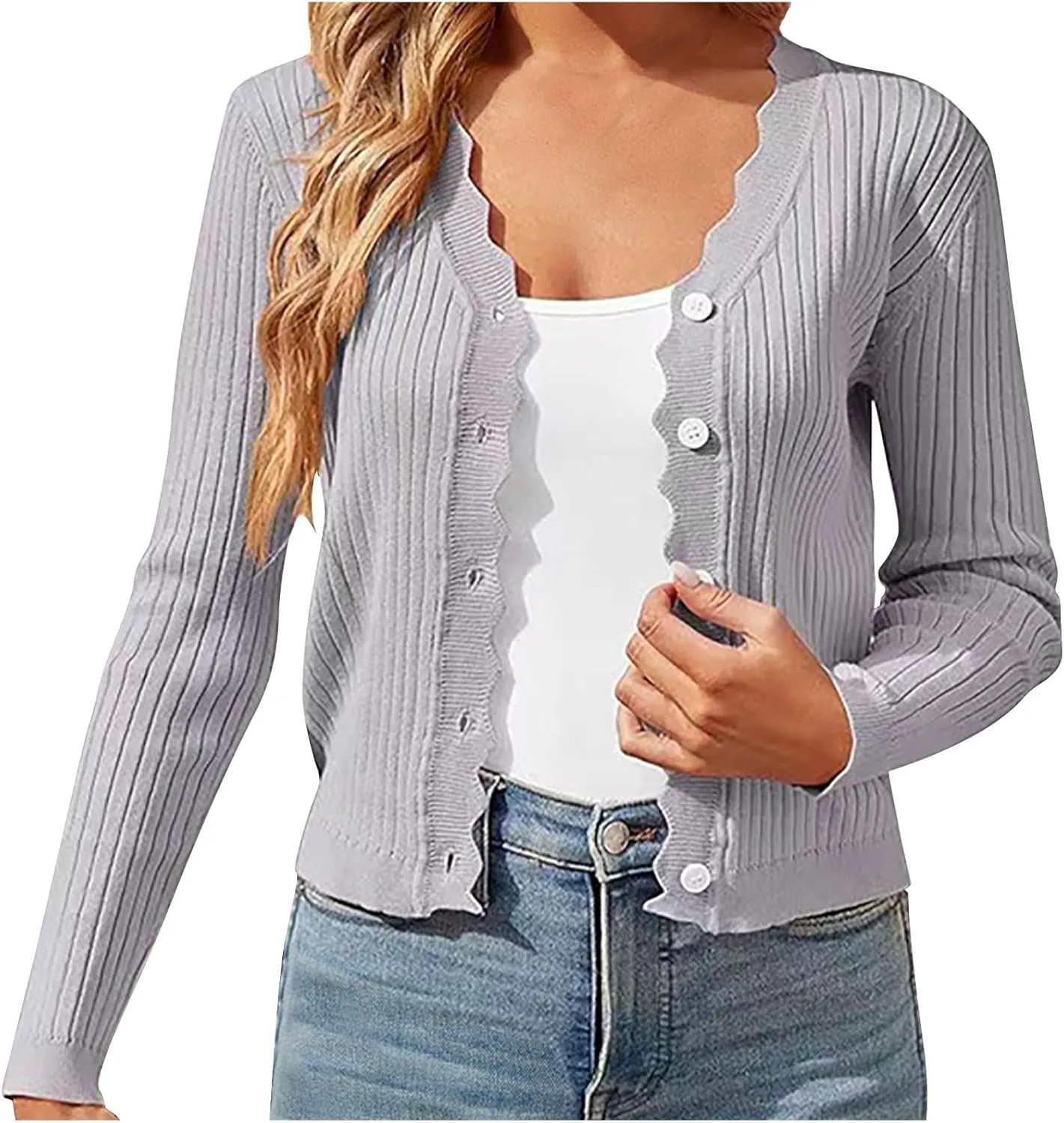 Women Open Front Cropped Cardigans Button Down Loose Casual Sweater Long Sleeve Fall Fashion Classic Sweater