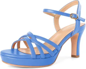 Women Platform Heel Sandals Strappy Heel Sandals Chunky Heel Sandals Open Toe Sandals Slingback Heel Sandals Comfort Dressy for Evening Party 3.5 Inch
