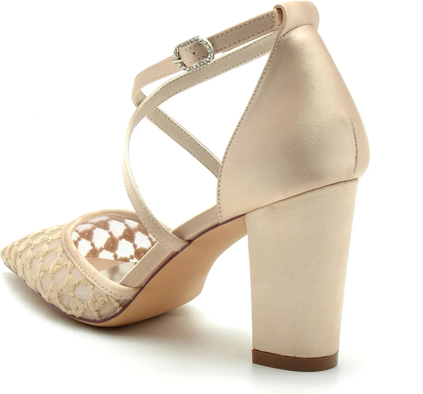 Women Pointed Toe Satin Mesh Bridal Shoes Block Chunky Heel Wedding Pumps Tie Evening Party Dress Shoes Ankle Buckle High Heels
