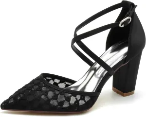 Women Pointed Toe Satin Mesh Bridal Shoes Block Chunky Heel Wedding Pumps Tie Evening Party Dress Shoes Ankle Buckle High Heels