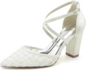 Women Pointed Toe Satin Mesh Bridal Shoes Block Chunky Heel Wedding Pumps Tie Evening Party Dress Shoes Ankle Buckle High Heels