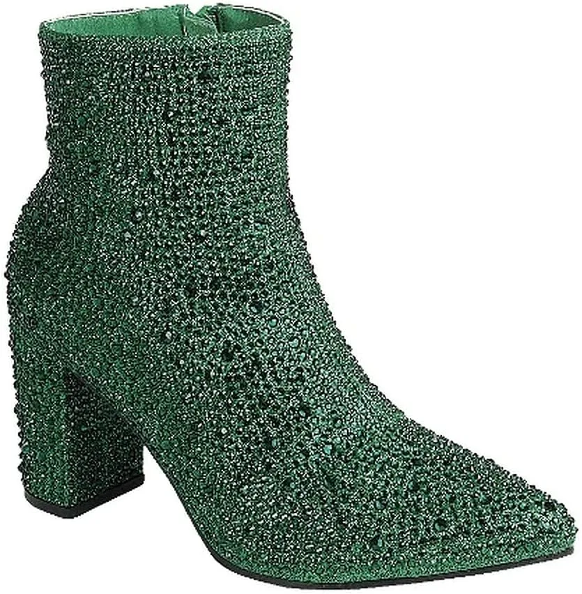 Women Rhinestone Block Chunky Heel Ankle Bootie