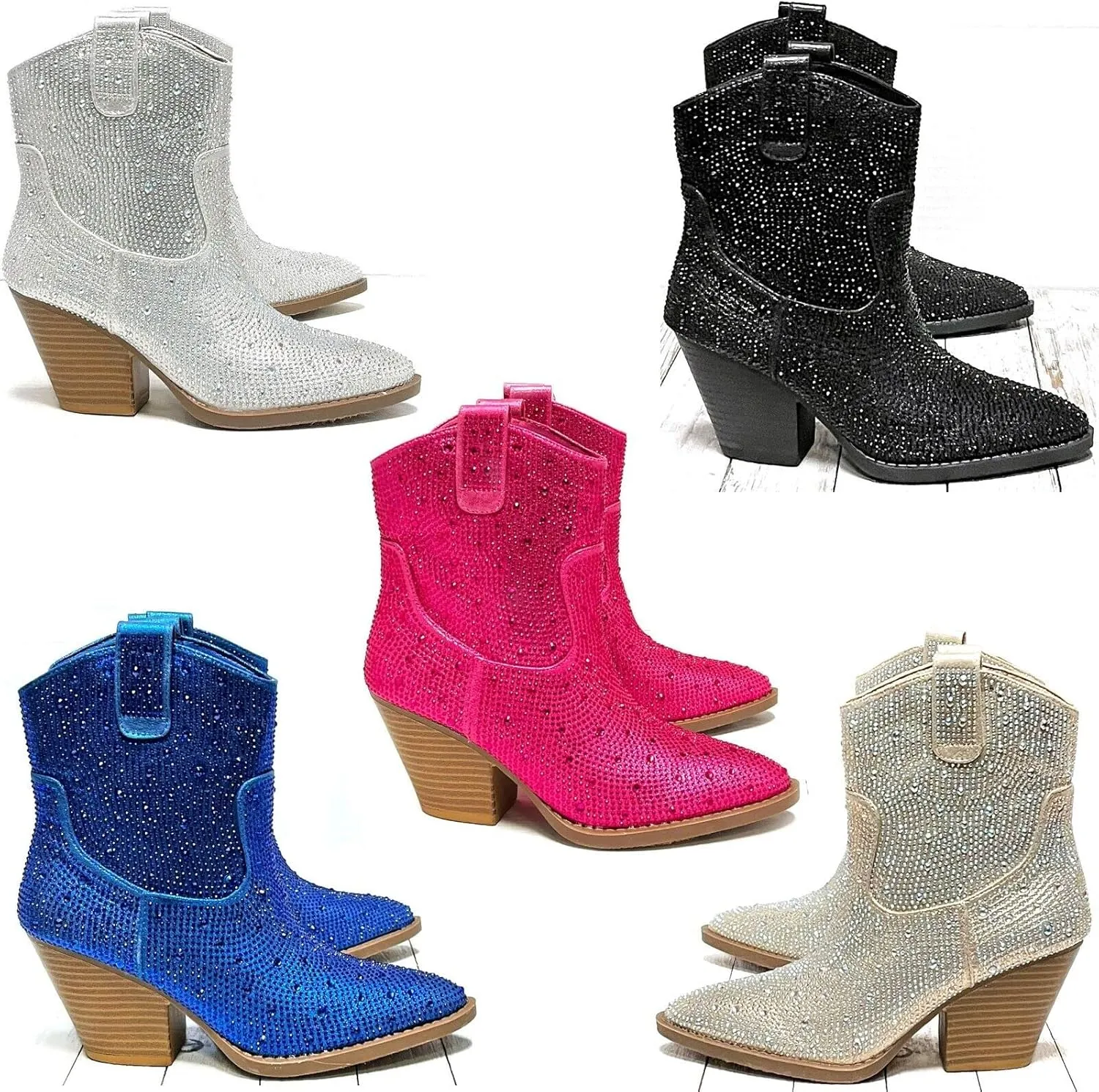 Women Rhinestone Block Chunky Heel Ankle Bootie