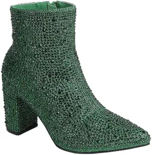 Women Rhinestone Block Chunky Heel Ankle Bootie