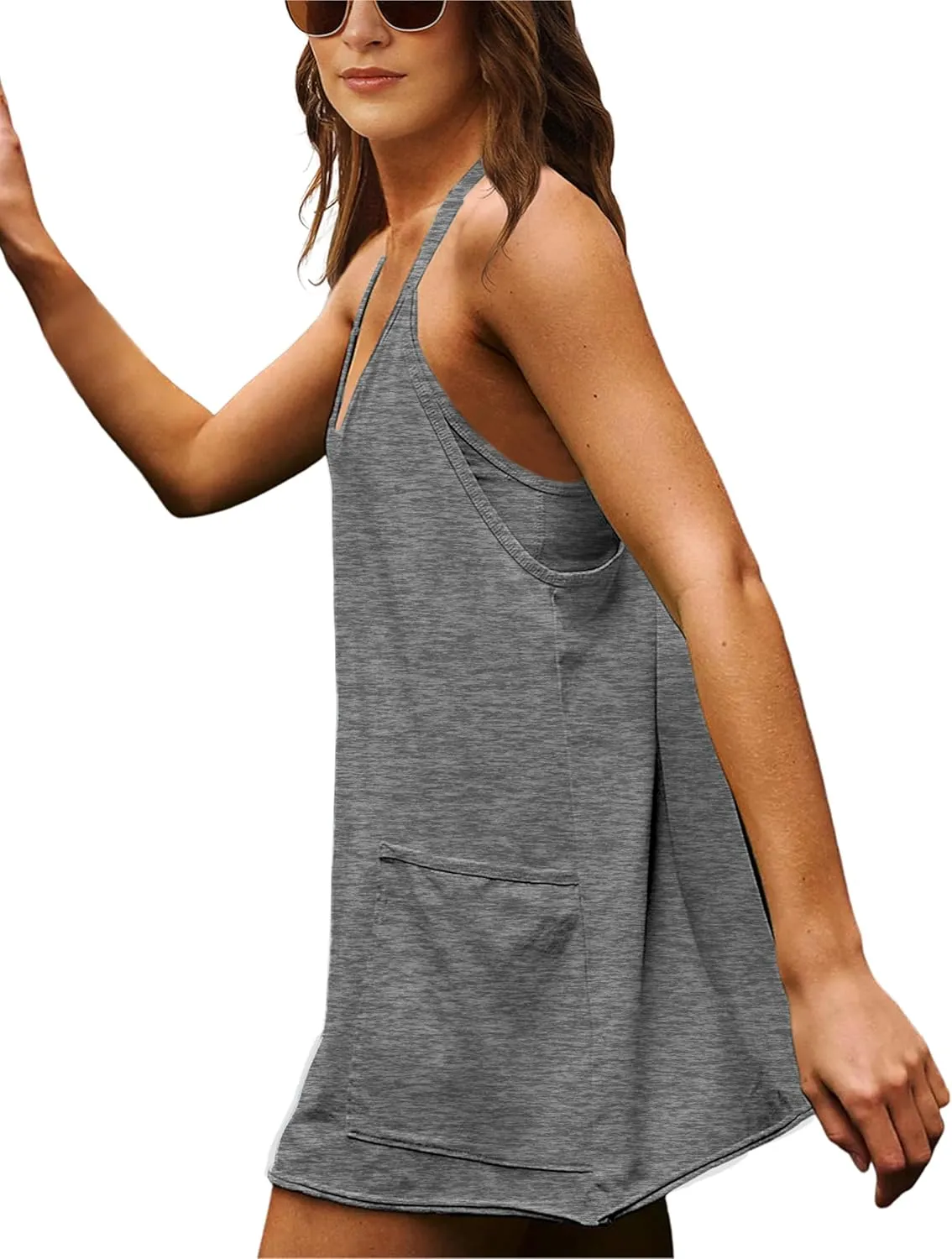 Women Sleeveless Athletic Dress Mini Dress Spaghetti Strap Sundress with Shorts