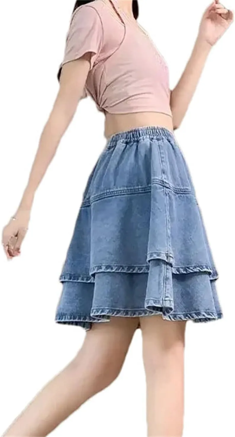 Women Summer Thin Loose Casual Solid High Waist Short Denim Skirt