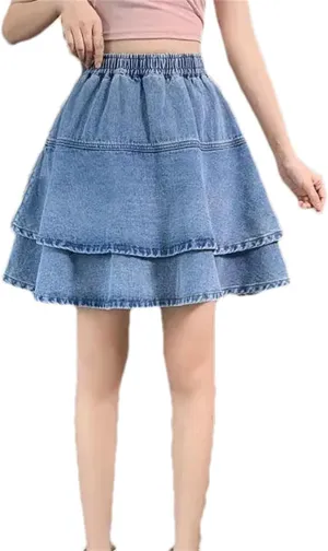 Women Summer Thin Loose Casual Solid High Waist Short Denim Skirt