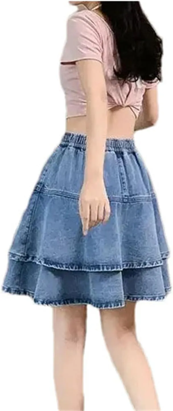 Women Summer Thin Loose Casual Solid High Waist Short Denim Skirt