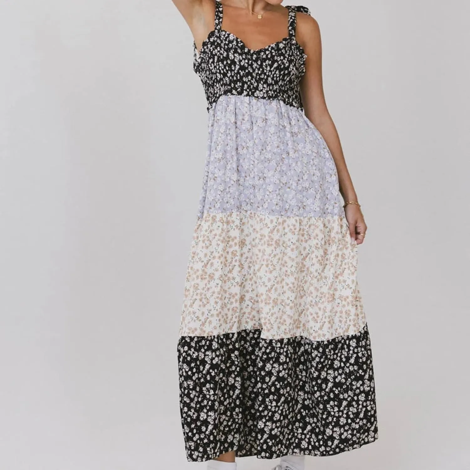Women Tie Shoulder Maxi Dress Sleeveless Floral Smocked Tiered Ruffle Swing Flowy Dress Y2k Graffiti Long Sundresses