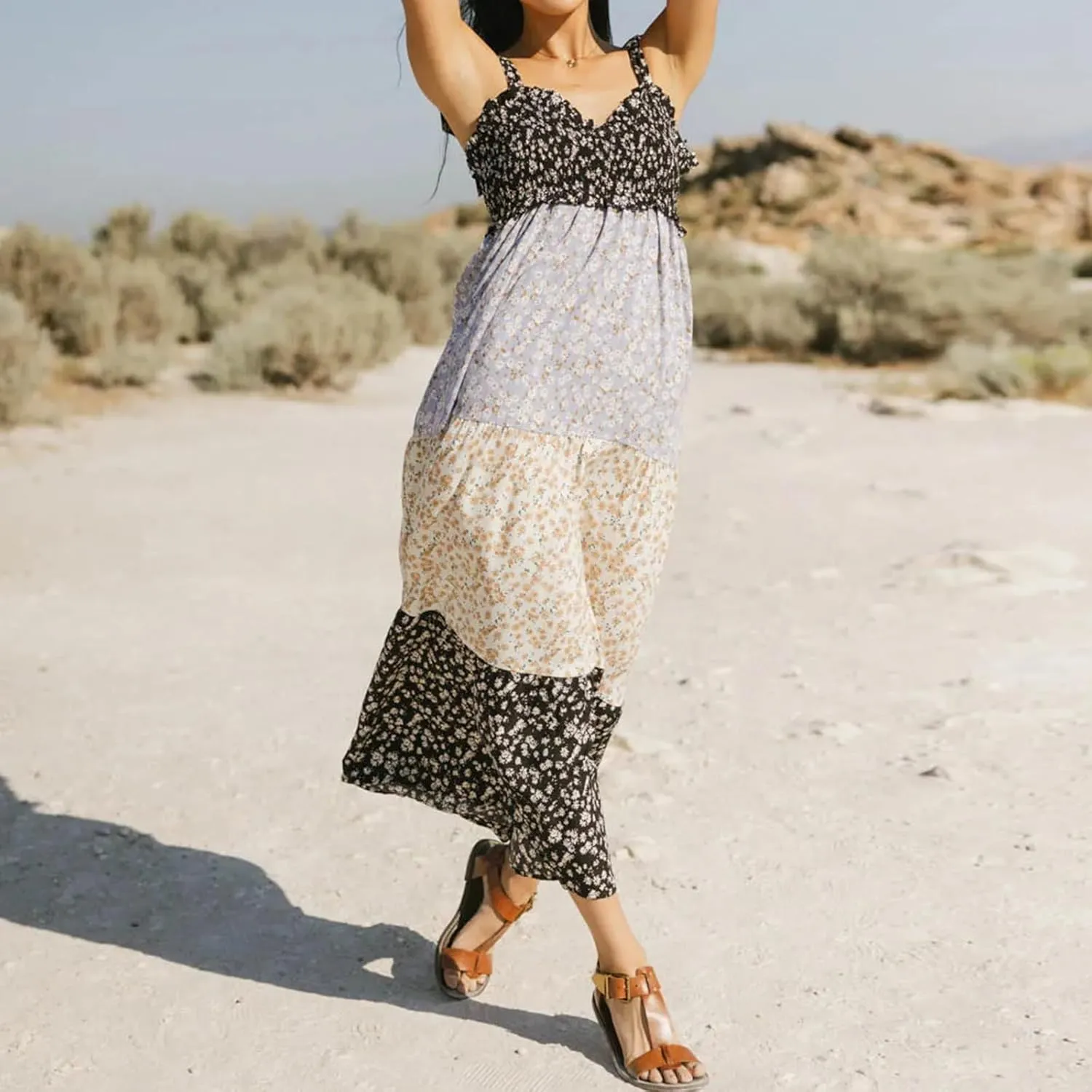 Women Tie Shoulder Maxi Dress Sleeveless Floral Smocked Tiered Ruffle Swing Flowy Dress Y2k Graffiti Long Sundresses