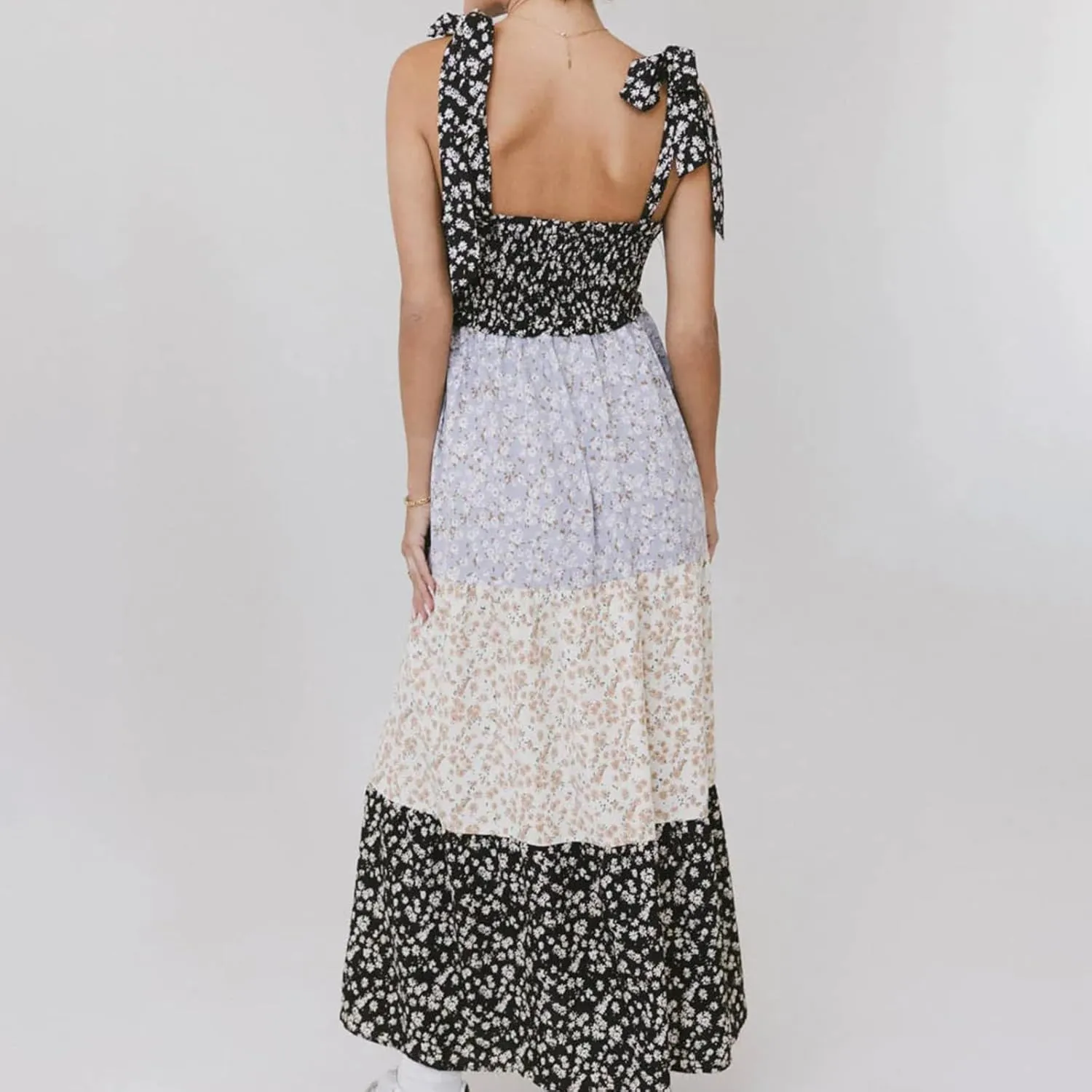 Women Tie Shoulder Maxi Dress Sleeveless Floral Smocked Tiered Ruffle Swing Flowy Dress Y2k Graffiti Long Sundresses
