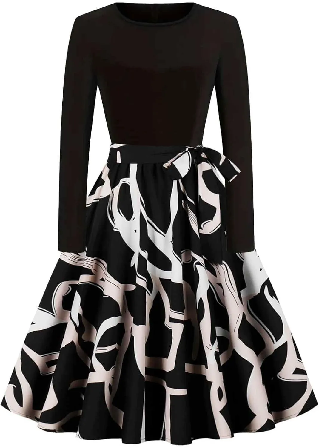 Women Vintage Polka Dot 1950s Audrey Retro Rockabilly Prom Dress Causal Long Sleeve Ruffle Club Party Cocktail Dress
