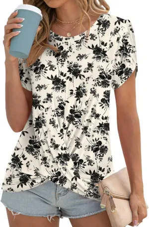 Womens 2025 Summer Tops Casual Twist Front Blouses Short Sleeve Tshirts Fitting Tunic S-3XL