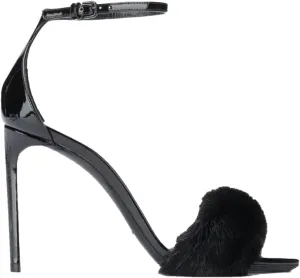 Women's Black White Mink Fur Sandals, Open Toe Stiletto High Heels Summer Party