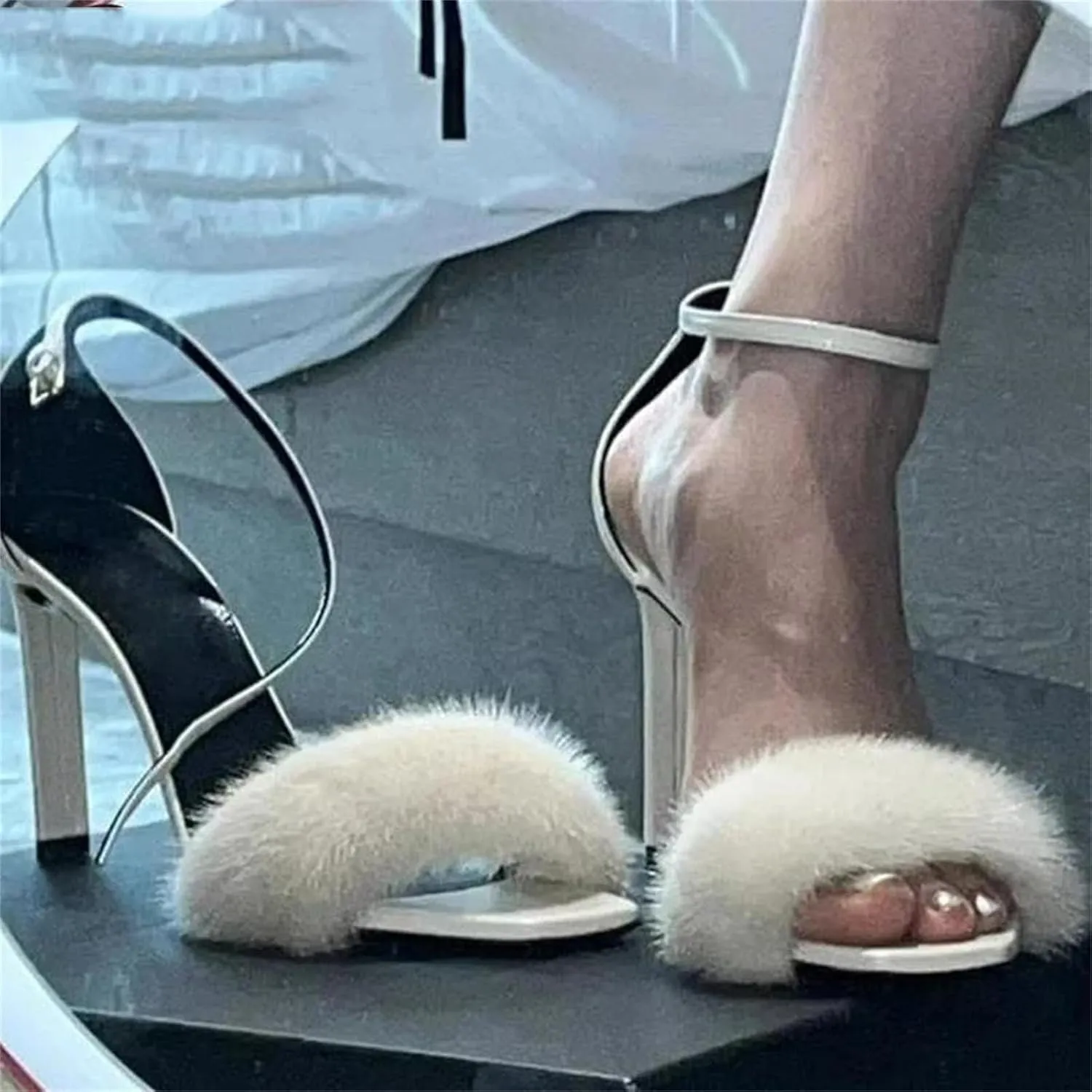 Women's Black White Mink Fur Sandals, Open Toe Stiletto High Heels Summer Party