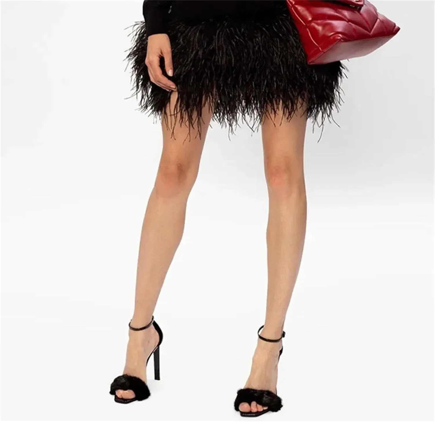 Women's Black White Mink Fur Sandals, Open Toe Stiletto High Heels Summer Party