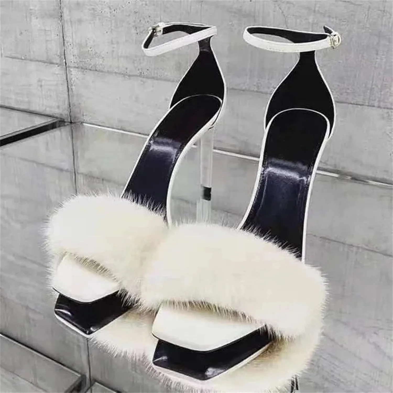 Women's Black White Mink Fur Sandals, Open Toe Stiletto High Heels Summer Party