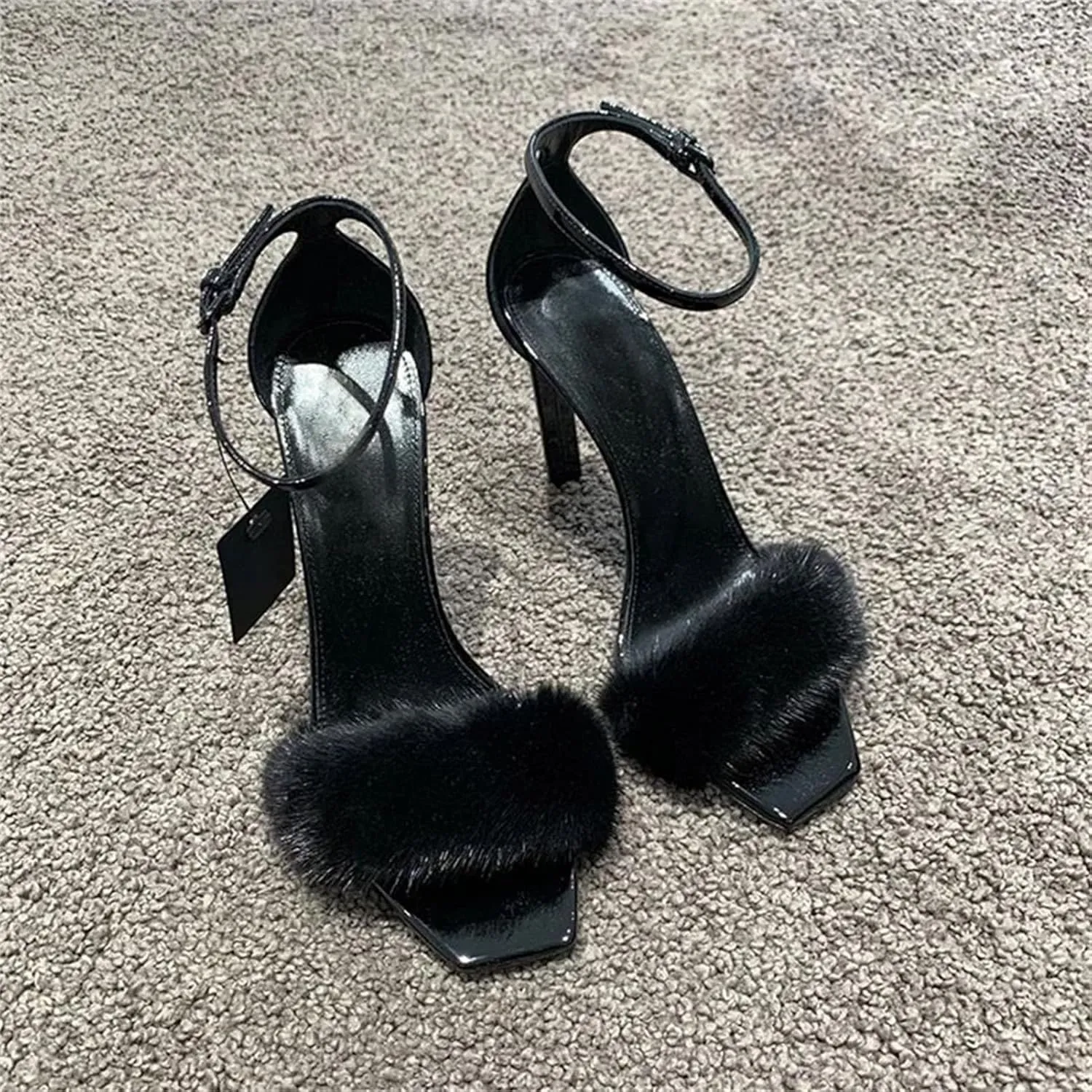 Women's Black White Mink Fur Sandals, Open Toe Stiletto High Heels Summer Party