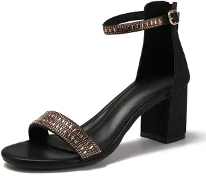 Women's Block Chunky Heel Sandals with Rhinestones & Ankle Straps Open Toe Dressy Sparkly Dress Pump High Heels Sandals for Weddings, Prom and Party