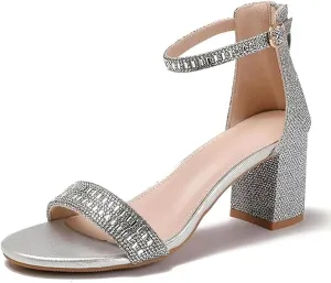 Women's Block Chunky Heel Sandals with Rhinestones & Ankle Straps Open Toe Dressy Sparkly Dress Pump High Heels Sandals for Weddings, Prom and Party