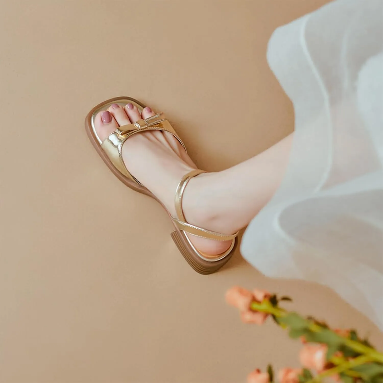 Womens Bow Knot Square Open Toe Chunky Low Heel Sandal Cute Ankle Strap Buckle Block Heel Sandals Fashion Comfort Summer Casual Dressy Walking Sandals